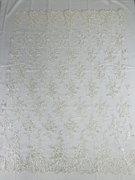 Fashion Corded Embroider Fabric Floral Lace Embroider on a Mesh Sold by the Yard. White