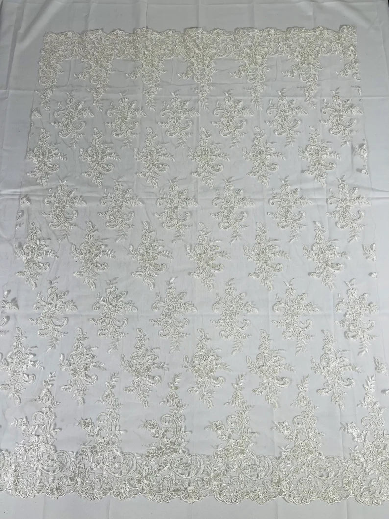 Fashion Corded Embroider Fabric Floral Lace Embroider on a Mesh Sold by the Yard. Ivory