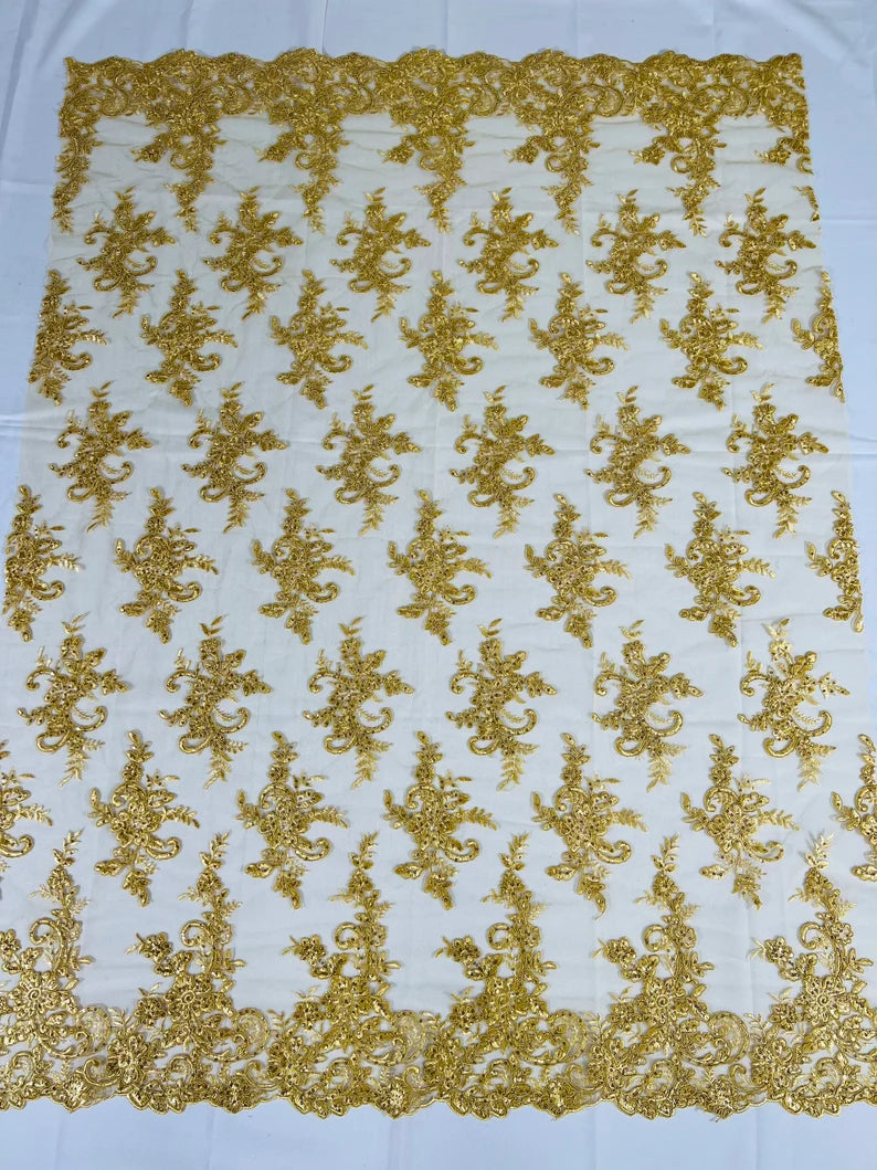 Fashion Corded Embroider Fabric Floral Lace Embroider on a Mesh Sold by the Yard. Gold
