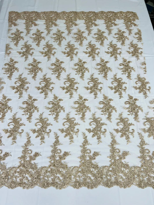 Fashion Corded Embroider Fabric Floral Lace Embroider on a Mesh Sold by the Yard. Champagne