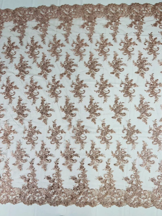 Fashion Corded Embroider Fabric Floral Lace Embroider on a Mesh Sold by the Yard. Blush Pink