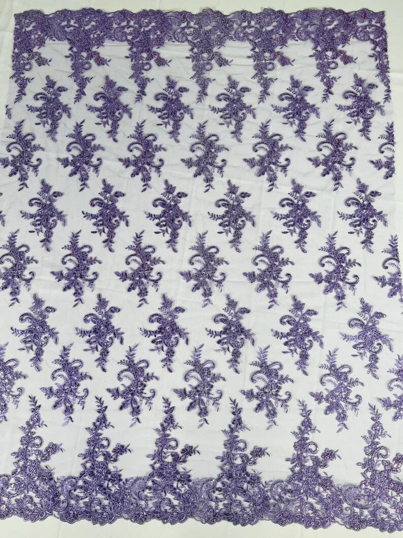 Fashion Corded Embroider Fabric Floral Lace Embroider on a Mesh Sold by the Yard. Lavender