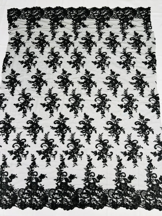 Fashion Corded Embroider Fabric Floral Lace Embroider on a Mesh Sold by the Yard. Black