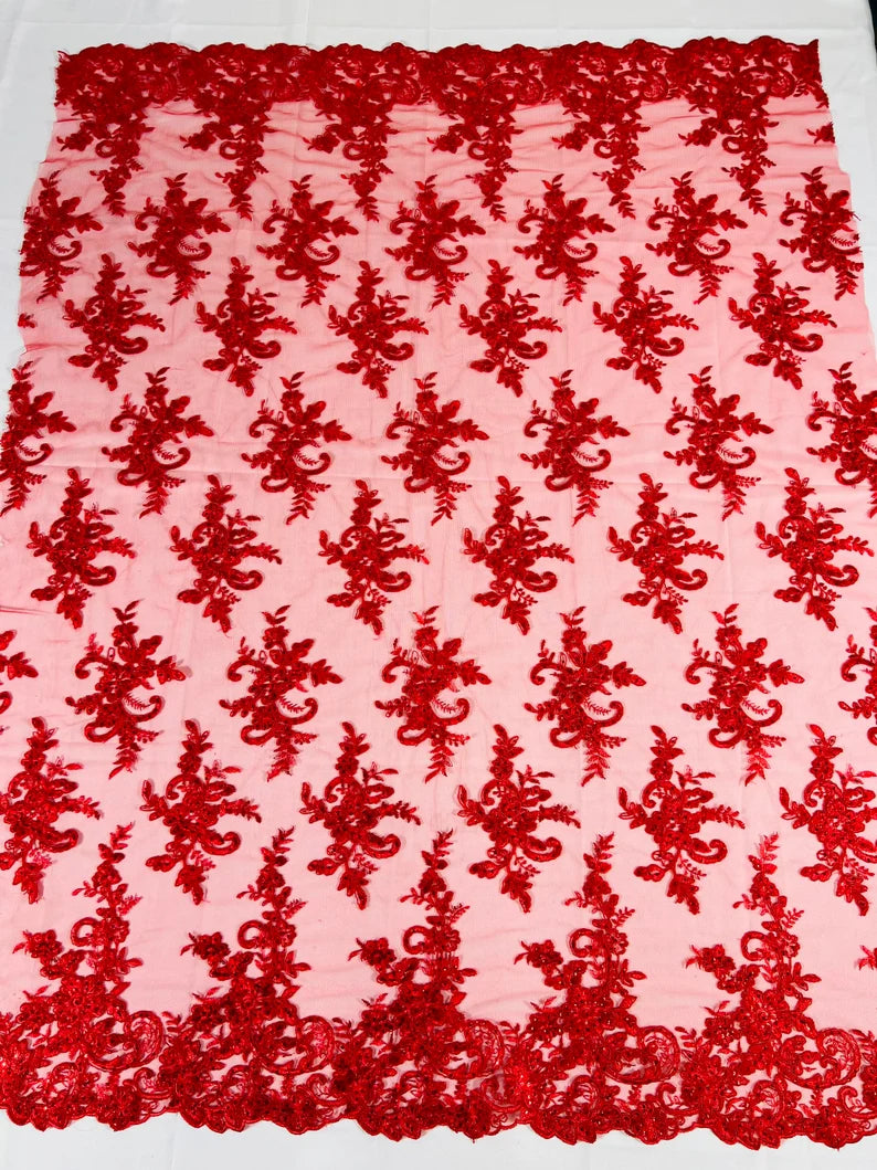 Fashion Corded Embroider Fabric Floral Lace Embroider on a Mesh Sold by the Yard. Red