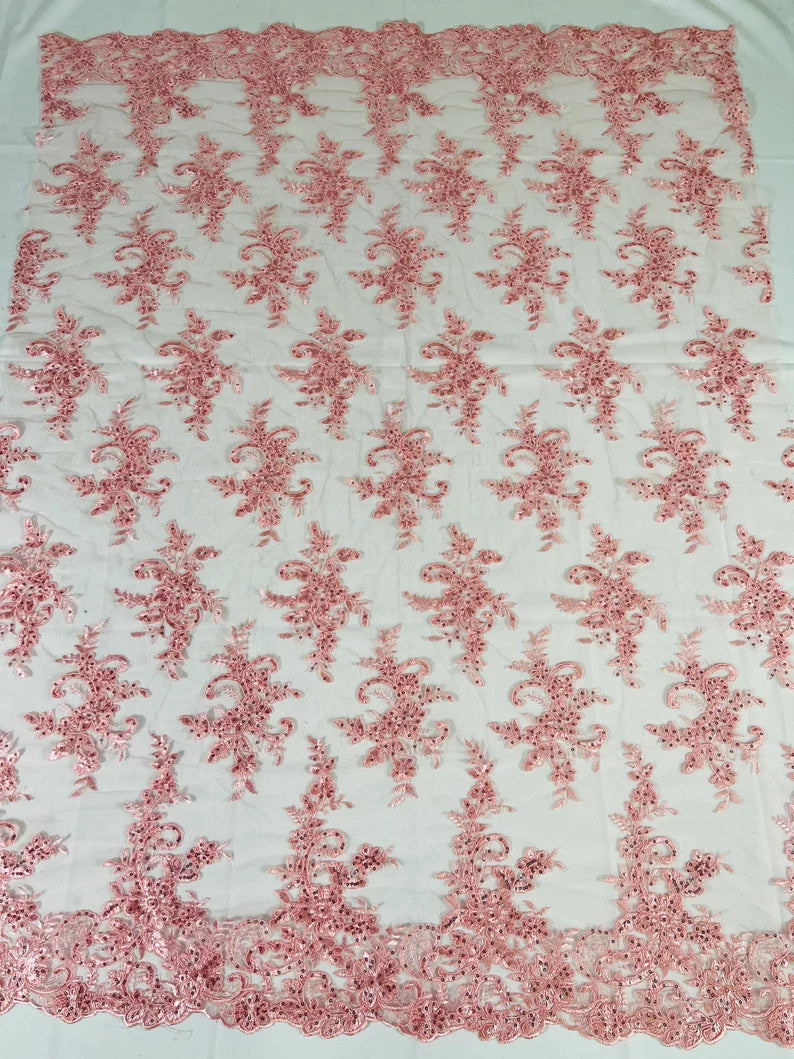 Fashion Corded Embroider Fabric Floral Lace Embroider on a Mesh Sold by the Yard. Pink