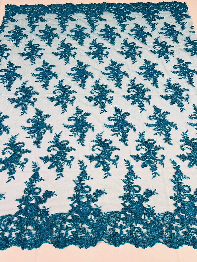 Fashion Corded Embroider Fabric Floral Lace Embroider on a Mesh Sold by the Yard. Turquoise