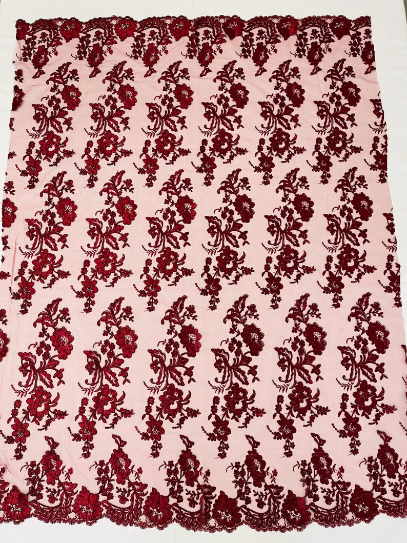 Floral Corded Mesh Lace Fabric By The Yard Used For -Dress-Bridal-Decorations Burgundy