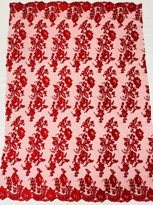 Floral Corded Mesh Lace Fabric By The Yard Used For -Dress-Bridal-Decorations Red