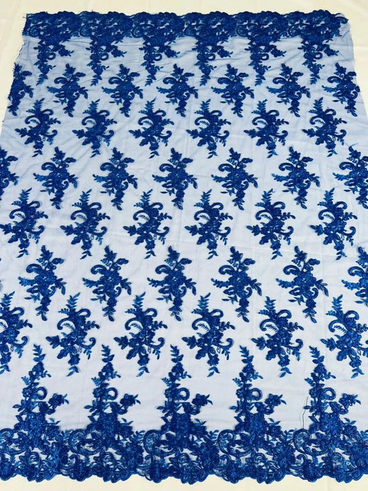 Fashion Corded Embroider Fabric Floral Lace Embroider on a Mesh Sold by the Yard. Royal Blue