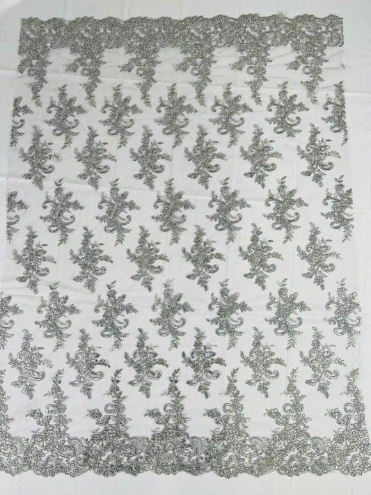 Fashion Corded Embroider Fabric Floral Lace Embroider on a Mesh Sold by the Yard. Silver
