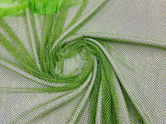 Iridescent Rhinestones On Soft Stretch Fish Net Fabric 45" Wide -sold by The Yard. Lime