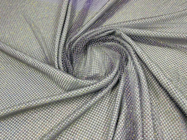 Iridescent Rhinestones On Soft Stretch Fish Net Fabric 45" Wide -sold by The Yard. Lilac