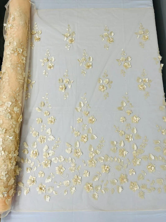 3D Floral Design Embroider with Pearls in a Mesh Lace-Sold by The Yard Champagne
