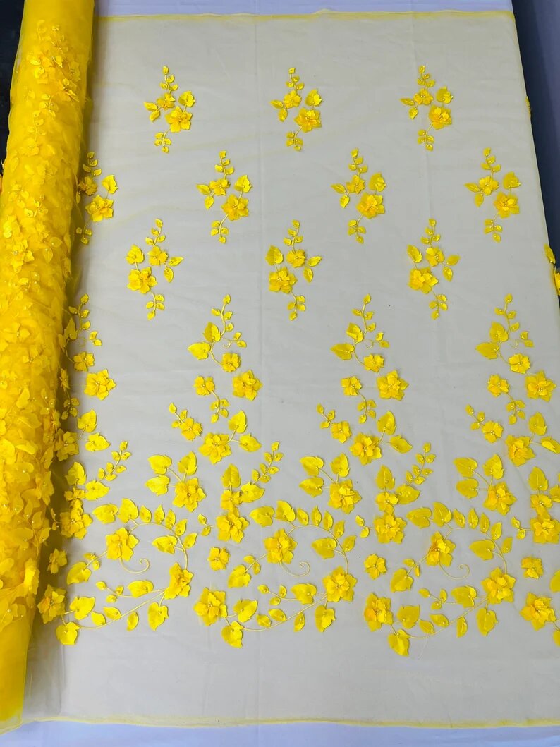 3D Floral Design Embroider with Pearls in a Mesh Lace-Sold by The Yard Yellow