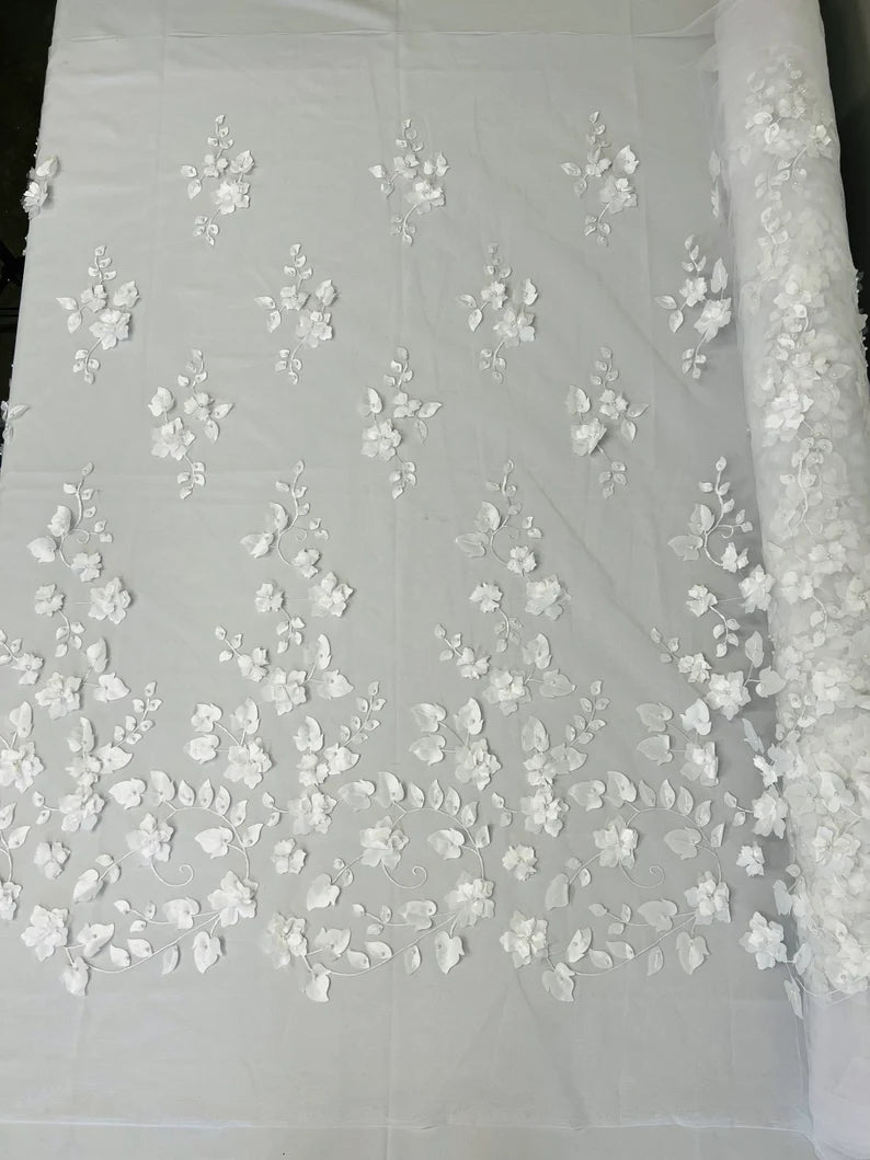 3D Floral Design Embroider with Pearls in a Mesh Lace-Sold by The Yard White