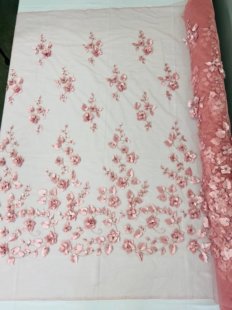 3D Floral Design Embroider with Pearls in a Mesh Lace-Sold by The Yard Dusty Rose