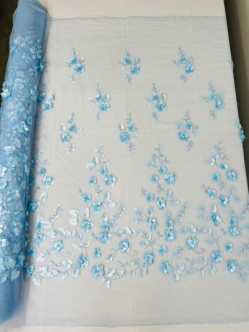 3D Floral Design Embroider with Pearls in a Mesh Lace-Sold by The Yard Light Blue