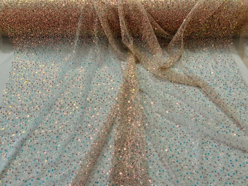 Royalty Fabrics Blush Pink iridescent heavy hand beaded princess design embroider with beads-pearls-sequins on a mesh lace-sold by yard.