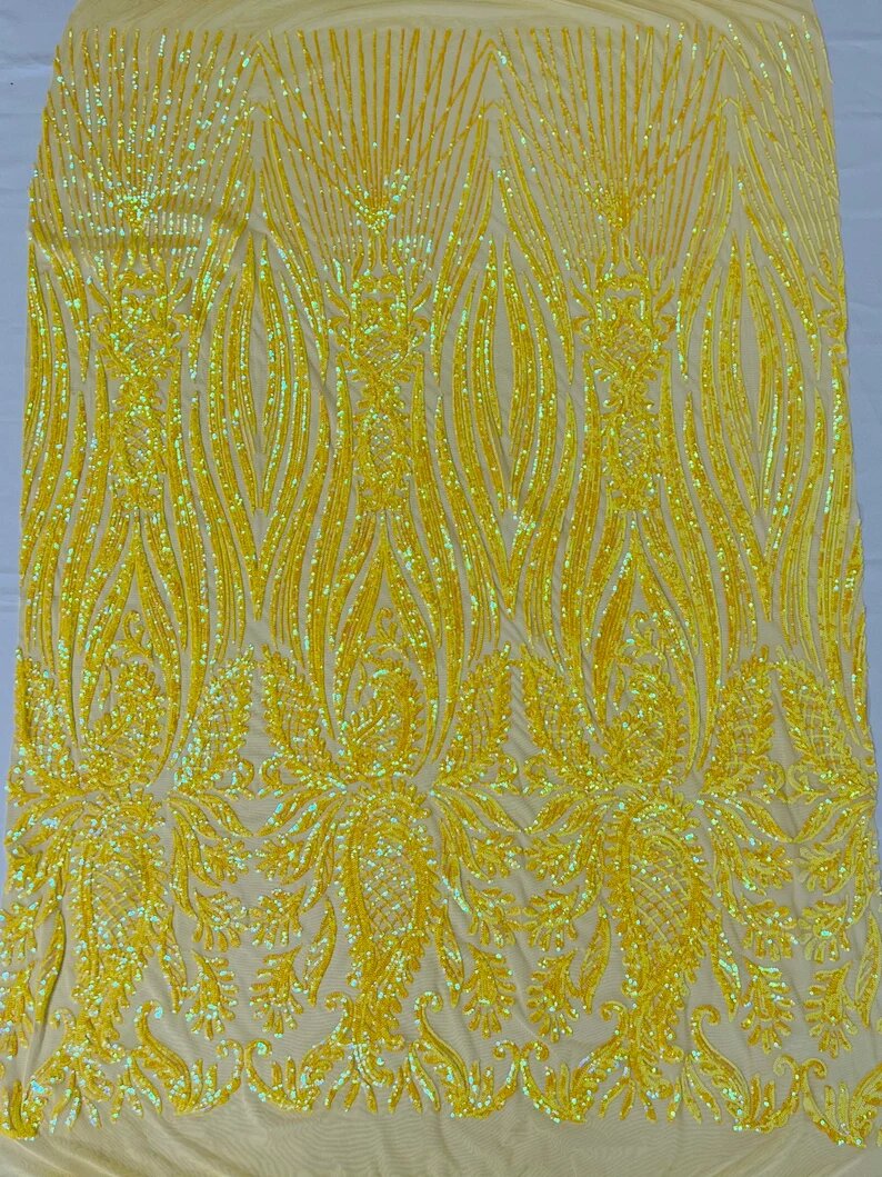 Fashion Design Sequins Embroider on a 4 Way Stretch Mesh Fabric- Sold by The Yard. Yellow Iridescent