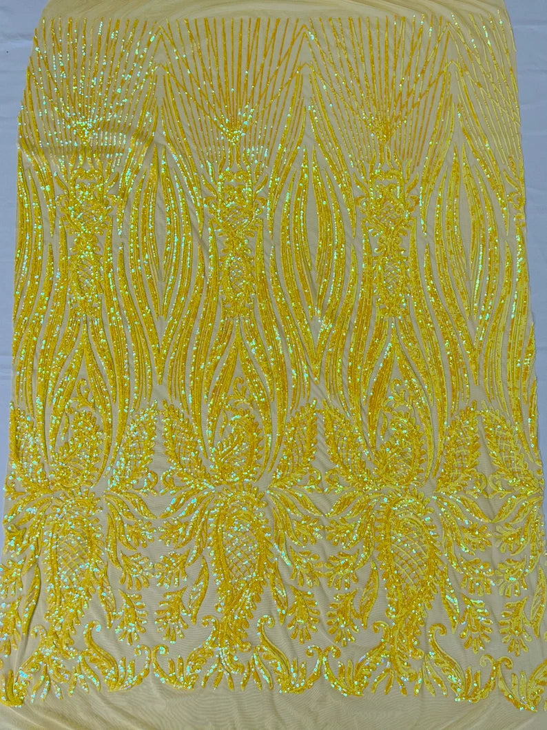 Fashion Design Sequins Embroider on a 4 Way Stretch Mesh Fabric- Sold by The Yard. Yellow Iridescent