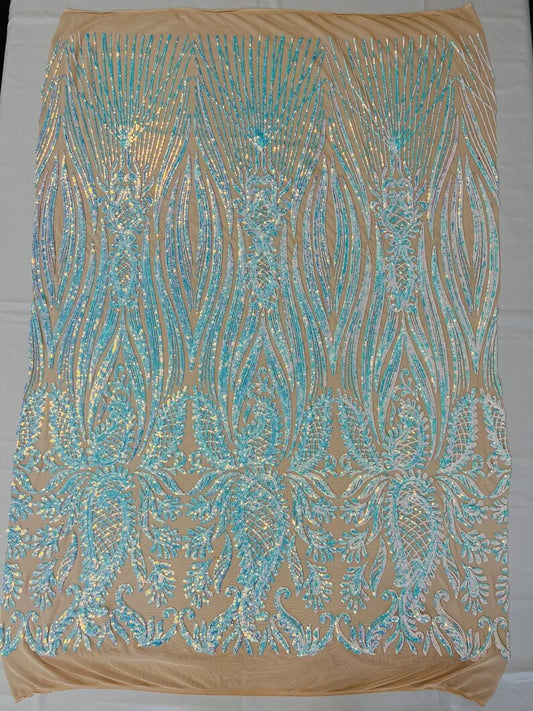 Fashion Design Sequins Embroider on a 4 Way Stretch Mesh Fabric- Sold by The Yard. Aqua Iridescent