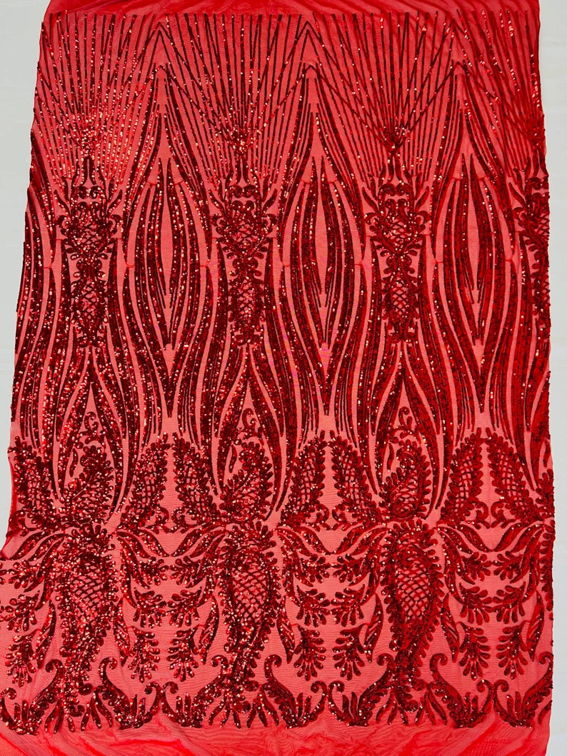 Fashion Design Sequins Embroider on a 4 Way Stretch Mesh Fabric- Sold by The Yard. Red