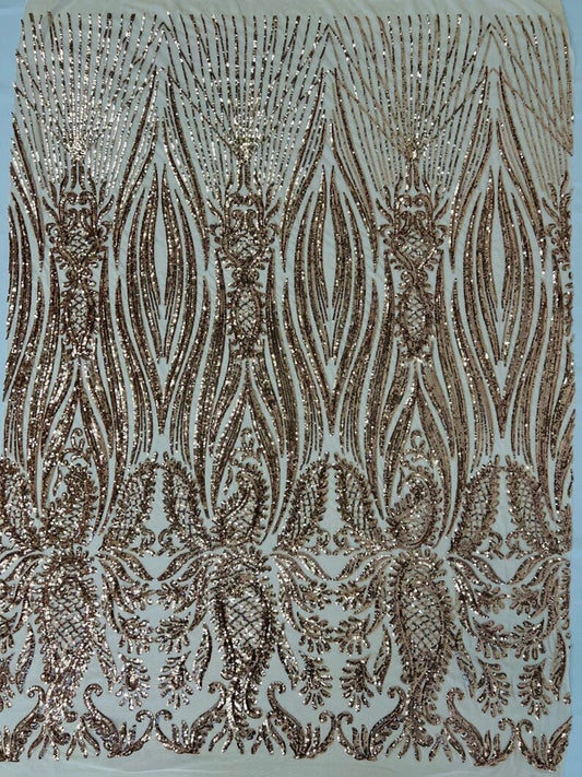 Fashion Design Sequins Embroider on a 4 Way Stretch Mesh Fabric- Sold by The Yard. Rose Gold