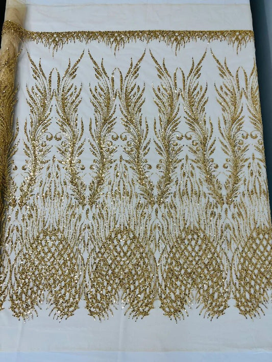 Wings Design Embroider and heavy beading on a mesh lace-sold by the yard. Gold