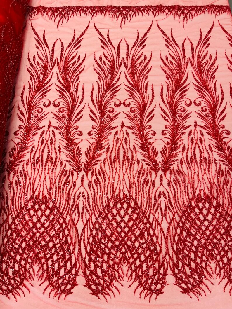 Wings Design Embroider and heavy beading on a mesh lace-sold by the yard. Red