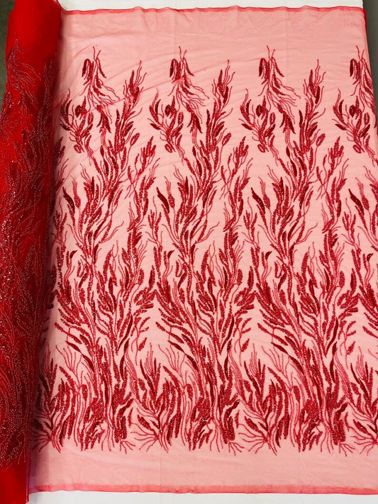 Fancy Design Embroider and heavy beading on a mesh lace-sold by the yard. Red