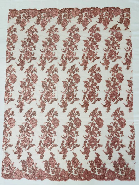 Floral Corded Mesh Lace Fabric By The Yard Used For -Dress-Bridal-Decorations Dusty Rose