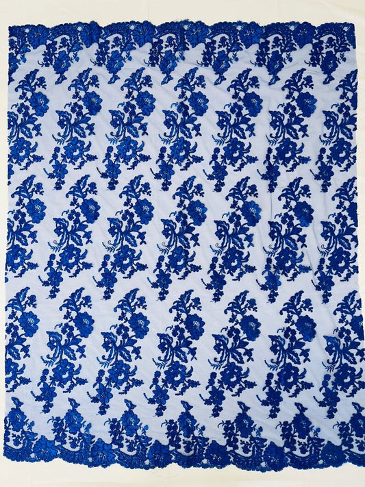 Floral Corded Mesh Lace Fabric By The Yard Used For -Dress-Bridal-Decorations Royal Blue