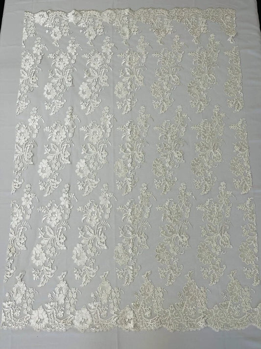 Floral Corded Mesh Lace Fabric By The Yard Used For -Dress-Bridal-Decorations Ivory