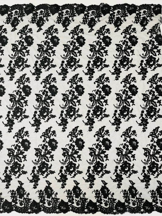 Floral Corded Mesh Lace Fabric By The Yard Used For -Dress-Bridal-Decorations Black