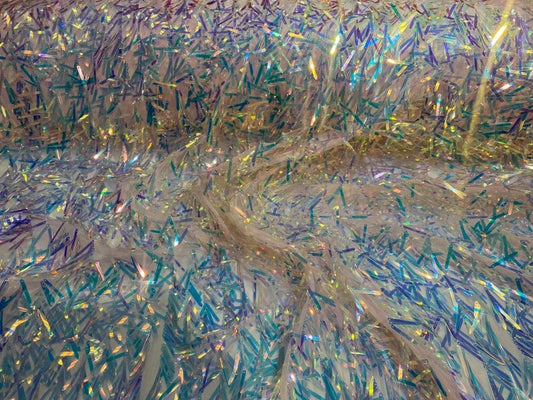 Iridescent sequin Swords Design on black mesh, Burning Man Costume Craft Fabric By The Yard. Clea