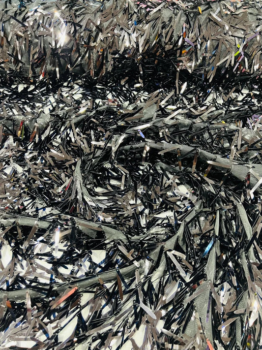 Iridescent sequin Swords Design on black mesh, Burning Man Costume Craft Fabric By The Yard. Black