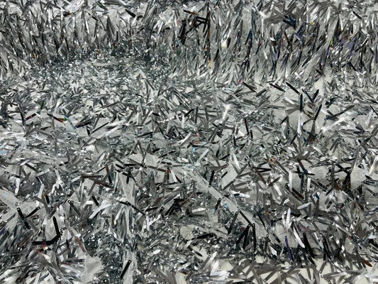 Iridescent sequin Swords Design on black mesh, Burning Man Costume Craft Fabric By The Yard. Silver