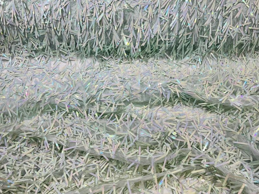 Iridescent sequin Swords Design on black mesh, Burning Man Costume Craft Fabric By The Yard. Sage