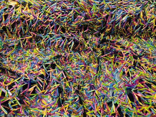 Iridescent sequin Swords Design on black mesh, Burning Man Costume Craft Fabric By The Yard. Rainbow