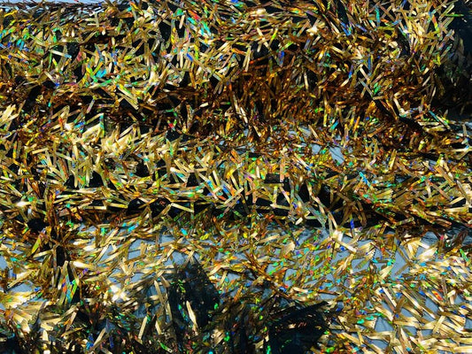 Iridescent sequin Swords Design on black mesh, Burning Man Costume Craft Fabric By The Yard. Gold