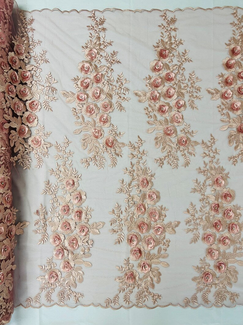 3D Floral Design Embroider and Beaded With Rhinestones on a Mesh Lace-Prom-Fashion-Sold by Yard. Dusty Rose