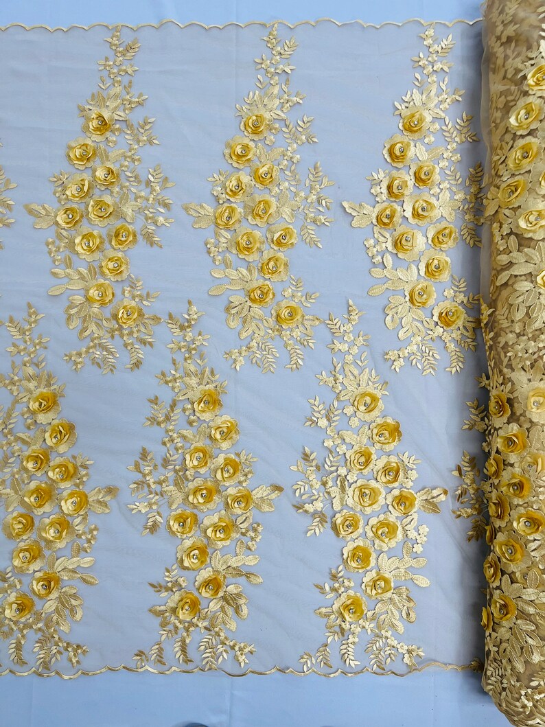 3D Floral Design Embroider and Beaded With Rhinestones on a Mesh Lace-Prom-Fashion-Sold by Yard. Gold