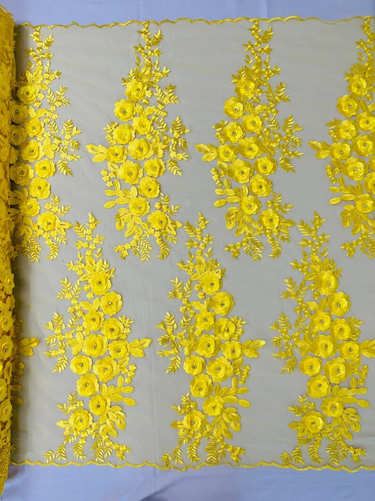 3D Floral Design Embroider and Beaded With Rhinestones on a Mesh Lace-Prom-Fashion-Sold by Yard. Yellow