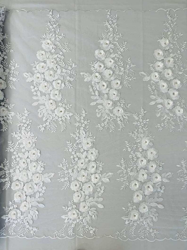 3D Floral Design Embroider and Beaded With Rhinestones on a Mesh Lace-Prom-Fashion-Sold by Yard. White