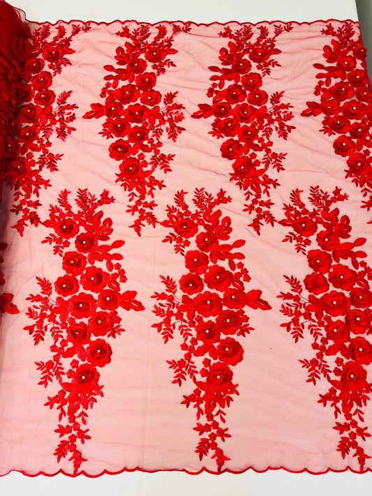 3D Floral Design Embroider and Beaded With Rhinestones on a Mesh Lace-Prom-Fashion-Sold by Yard. Red