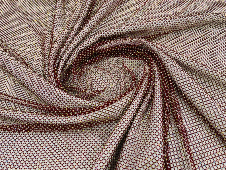 Iridescent Rhinestones On Soft Stretch Fish Net Fabric 45" Wide -sold by The Yard. Burgundy