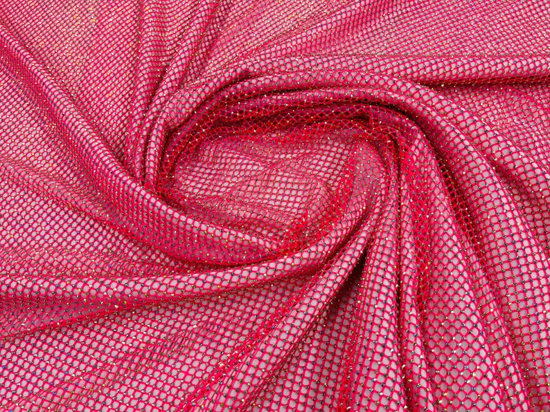 Iridescent Rhinestones On Soft Stretch Fish Net Fabric 45" Wide -sold by The Yard. Fuchsia