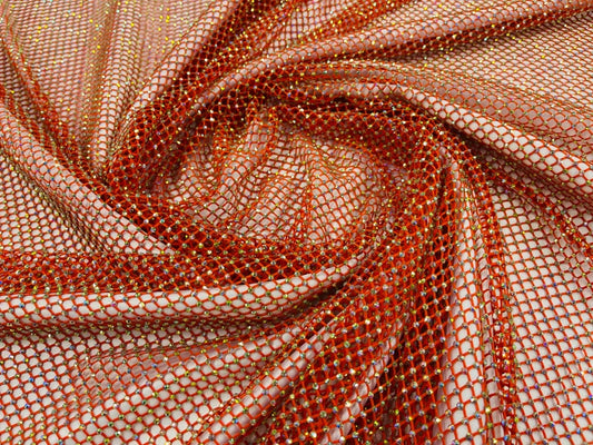 Iridescent Rhinestones On Soft Stretch Fish Net Fabric 45" Wide -sold by The Yard. Orange