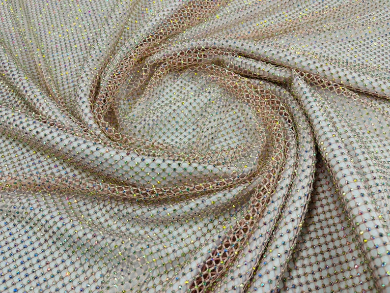 Iridescent Rhinestones On Soft Stretch Fish Net Fabric 45" Wide -sold by The Yard. Blush