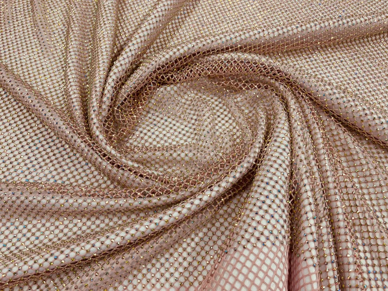 Iridescent Rhinestones On Soft Stretch Fish Net Fabric 45" Wide -sold by The Yard. Dusty Rose